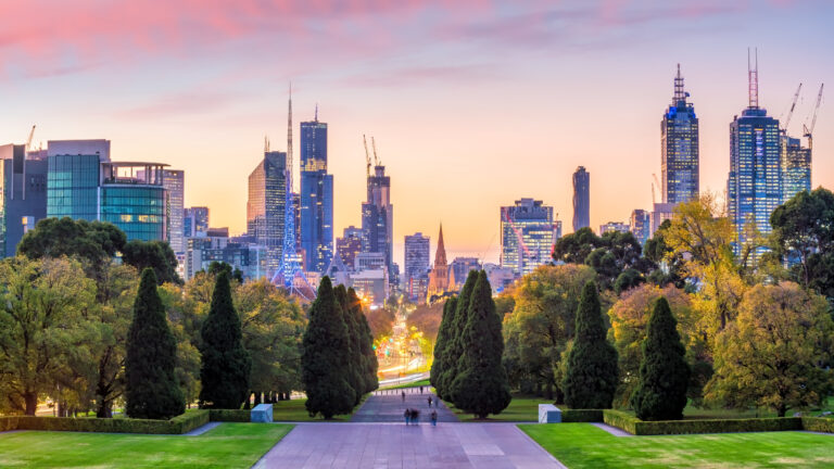 View of Melbourne city skyline at twilight in Australia.