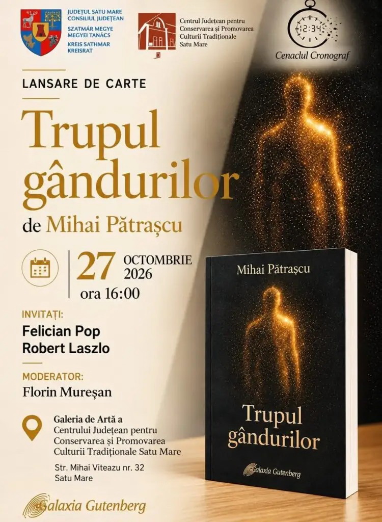 Domnul Mihai Pătrașcu vă așteaptă la lansarea cărții ,,Trupul gândurilor” în Satu Mare